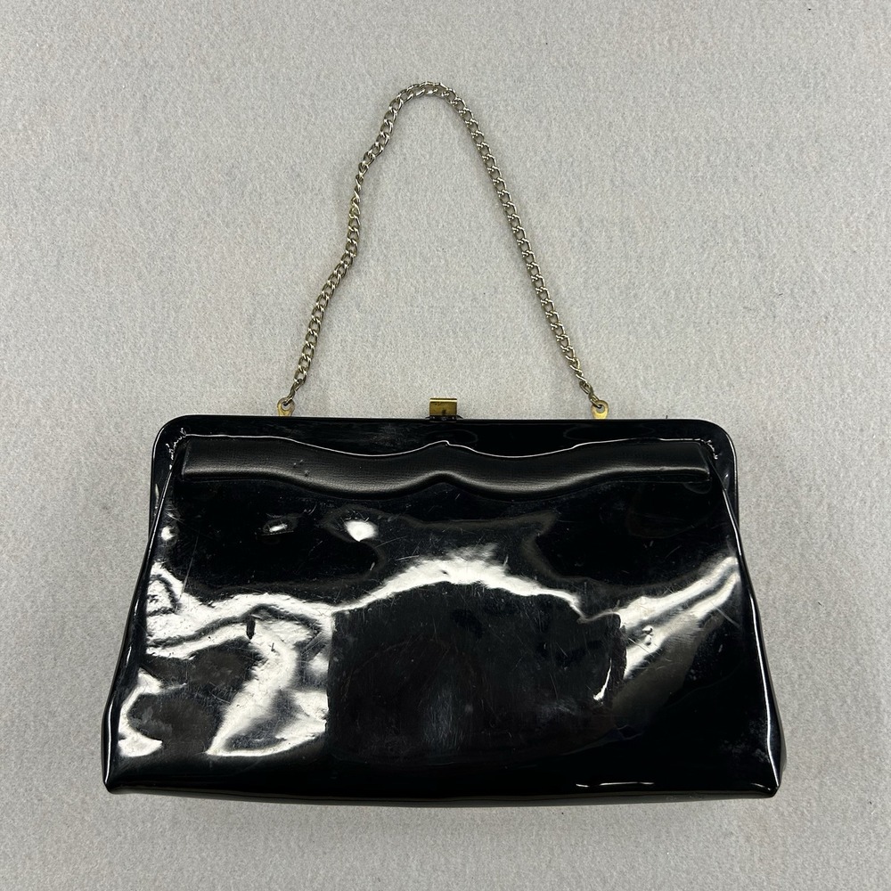 Vintage 1960s MOD BLACK Patent Vinyl Long Purse Handbag Clutch Bag Gold Chain
